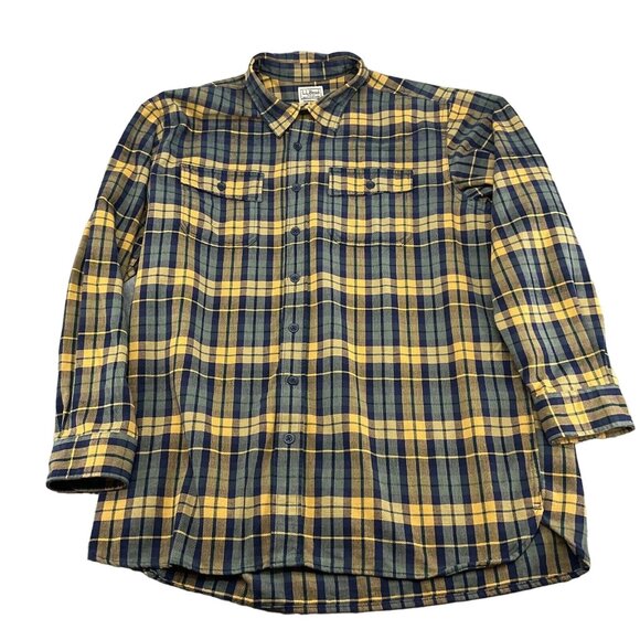 LL Bean Men Shirt XLarge Tall Blue Yellow Plaid Heavy Canvas Traditional Fit VTG - Picture 1 of 12